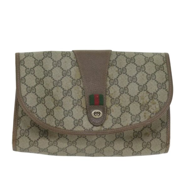 GUCCI GG Supreme Web Sherry Line Clutch Bag PVC Beige 89 01 030 Auth 65174 - Picture 1 of 16